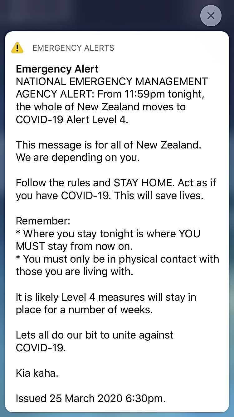 Image of emergency alert by NZ government