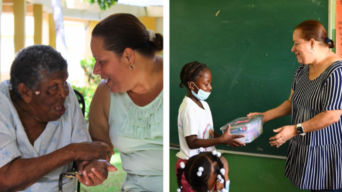 Images of Global Servant Madeline Flores Lopez with an older woman and a child in the Dominican Republic
